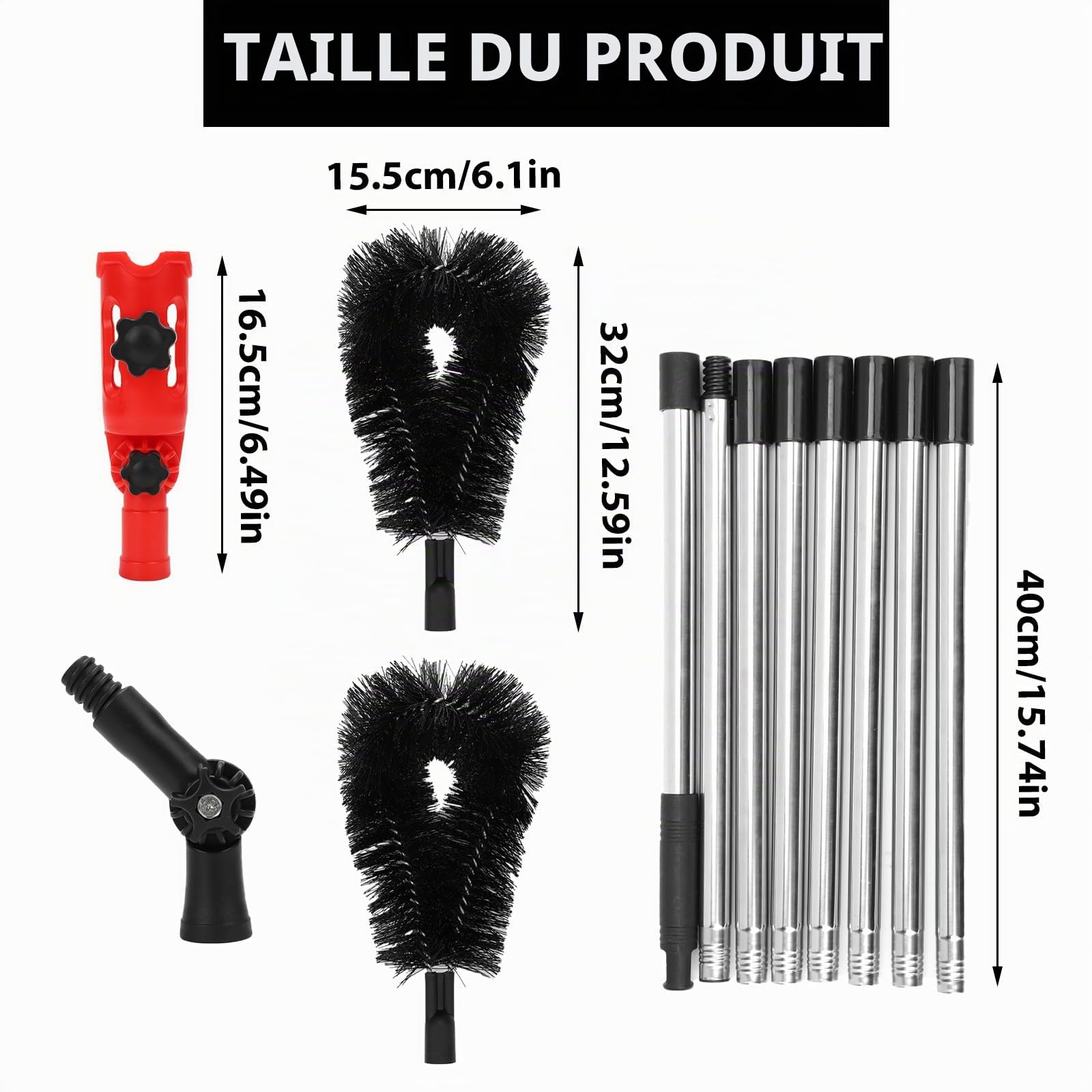 Kit d'outils de nettoyage de gouttière de 3,2 m, brosse de nettoyage télescopique, nettoyeur de poteau d'extension, pour enlever les feuilles, les débris et les toiles d'araignée des jardins