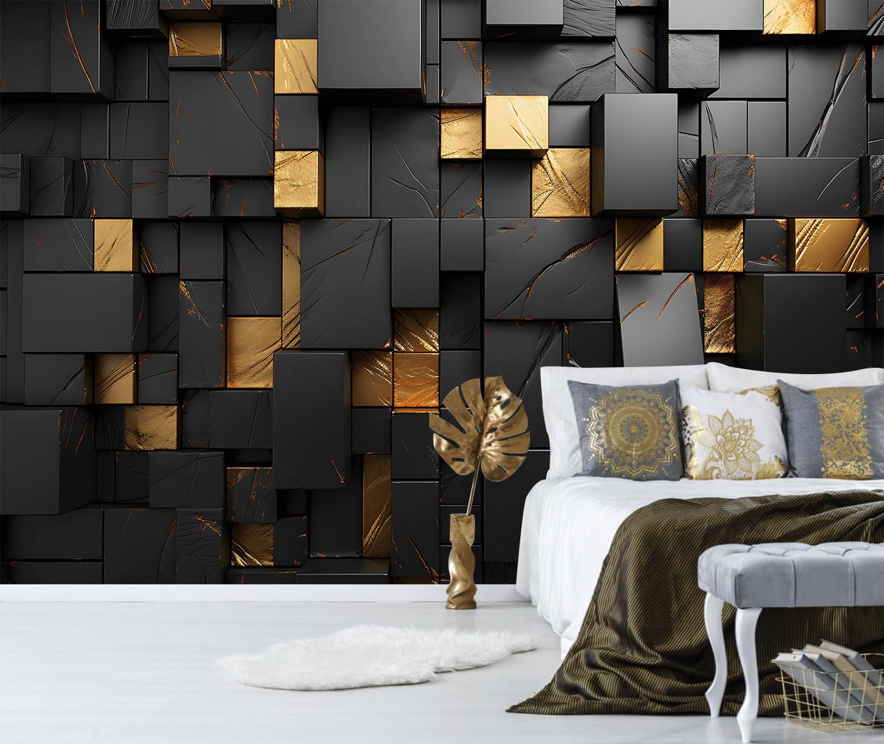 Czarno-złota geometryczna tapeta odklej i przyklej 3D duża samoprzylepna fototapeta do salonu 398 cm x 275 cm