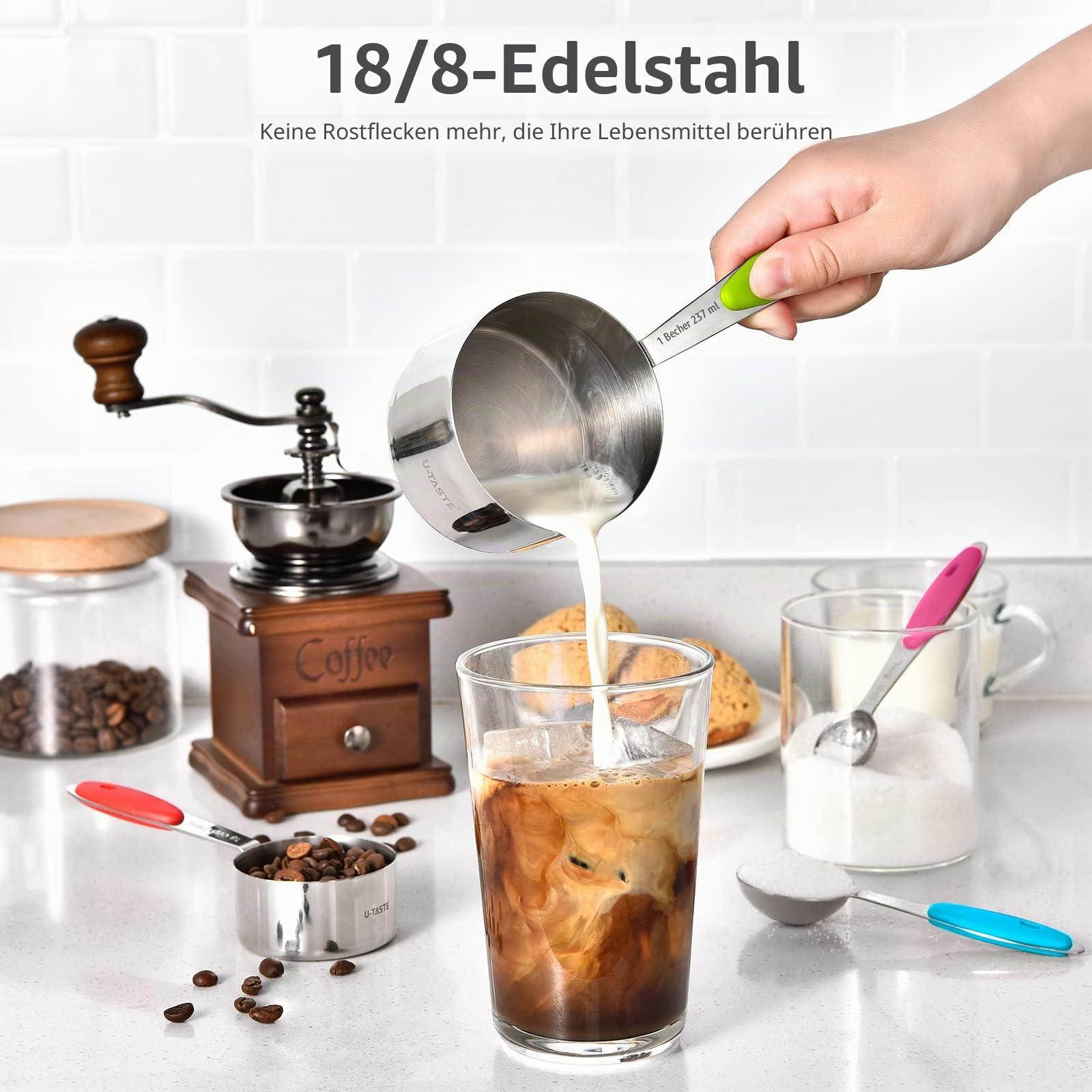 U-Taste 18/8 Edelstahl Messbecher und Messlöffel Set mit 12 Stück, Griff mit Verbesserter Dicke, Amerikanisch(Mehrfarbig)