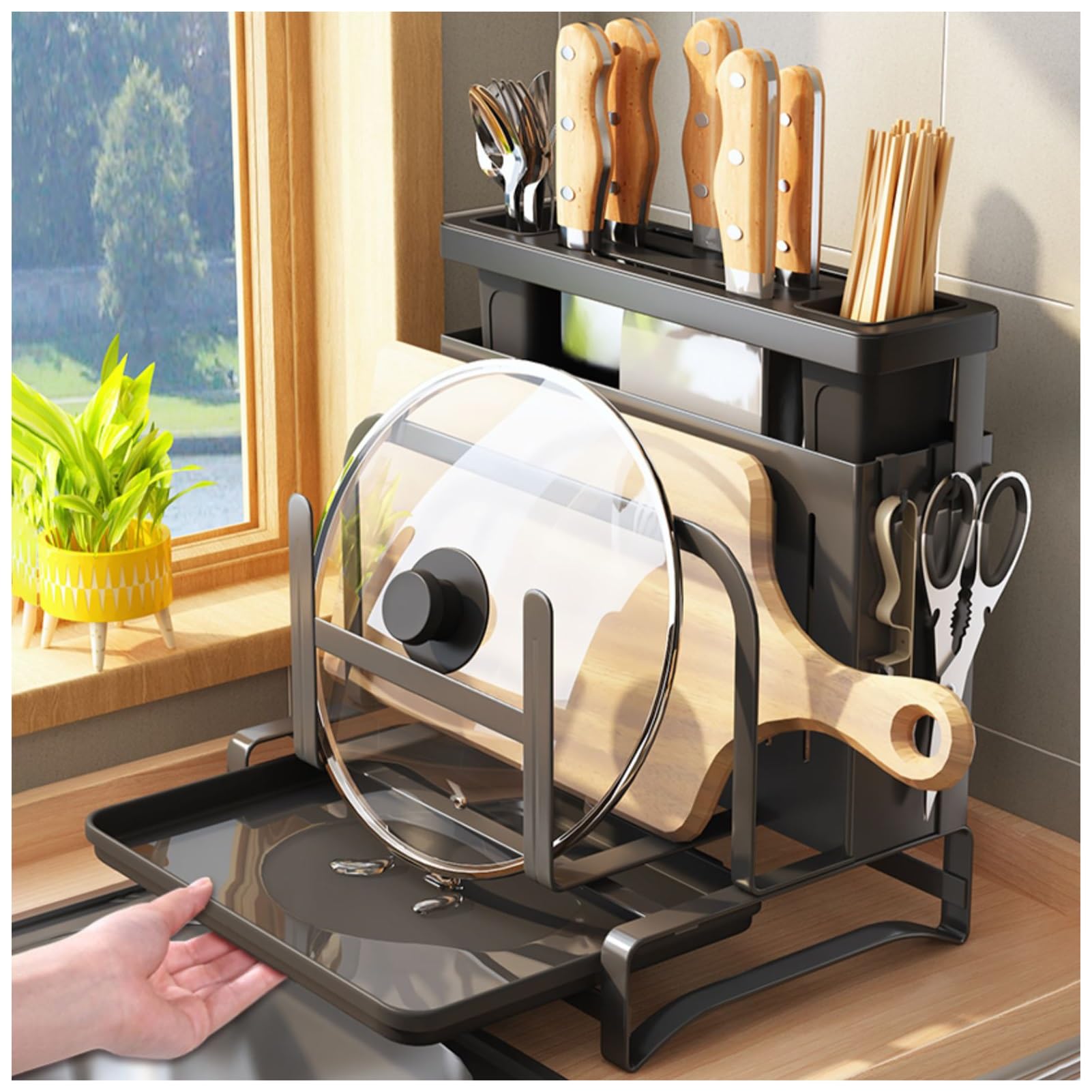 TYUHDUYUR Dish Drying Rack for Kitchen, Spice Rack Organizer, with Drainboard Tray, Cup Holder and Utensil Holder, for Dish/Knifes/Cup