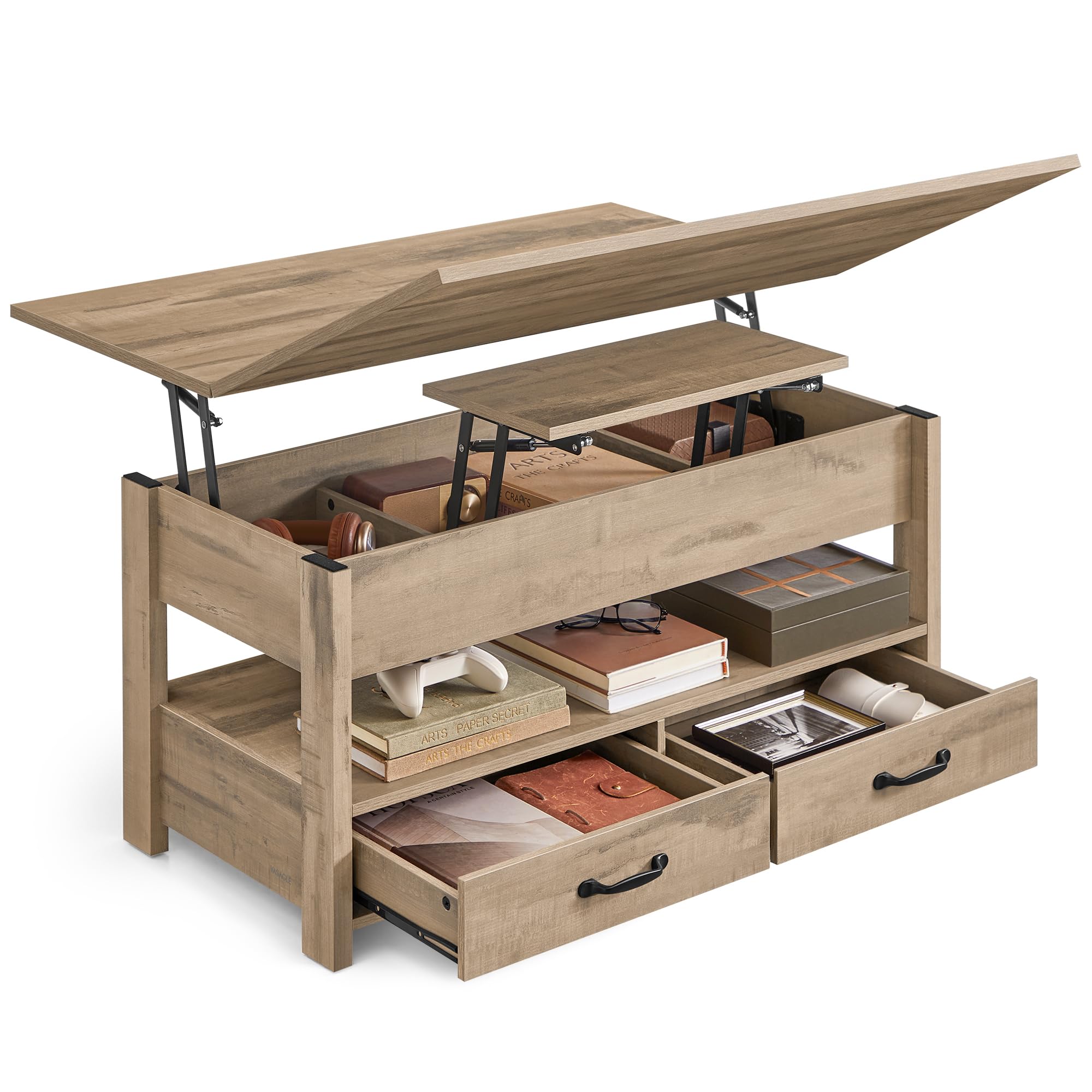 VASAGLE Couchtisch, höhenverstellbarer Wohnzimmertisch, Gaszylinder, 2 Schubladen und 3 versteckte Fächer, Kaffeetisch, 1 offenes Fach, für Wohnzimmer, Homeoffice, Kamelbraun LCT254L01