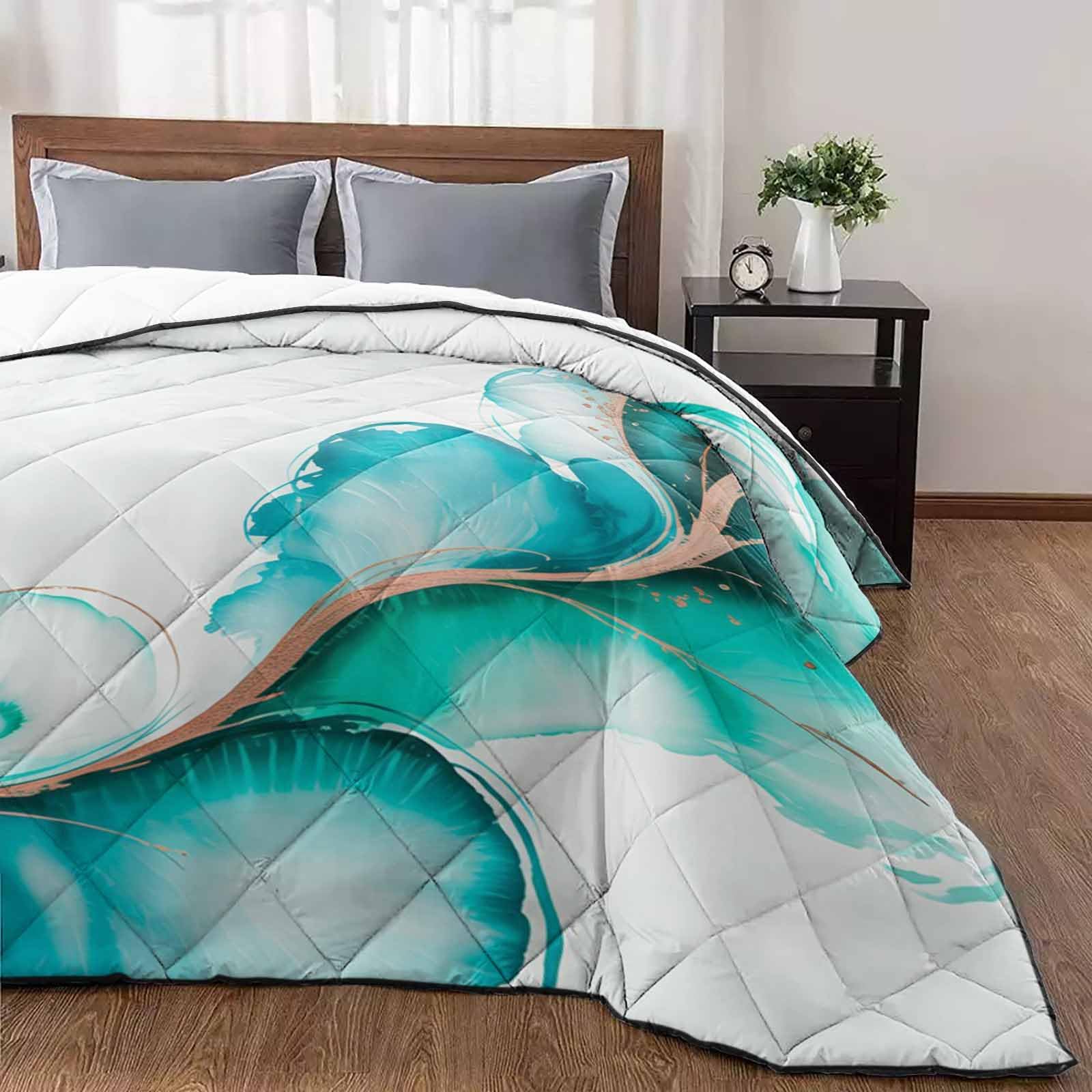 Abstract Quilt Twin Luxury Quilted Comforter Bedspread-Thin Soft Cozy Art Fantasy Ink Worm Texture Teal Reversible Stitched Lightweight Quilt Coverlet for All Season