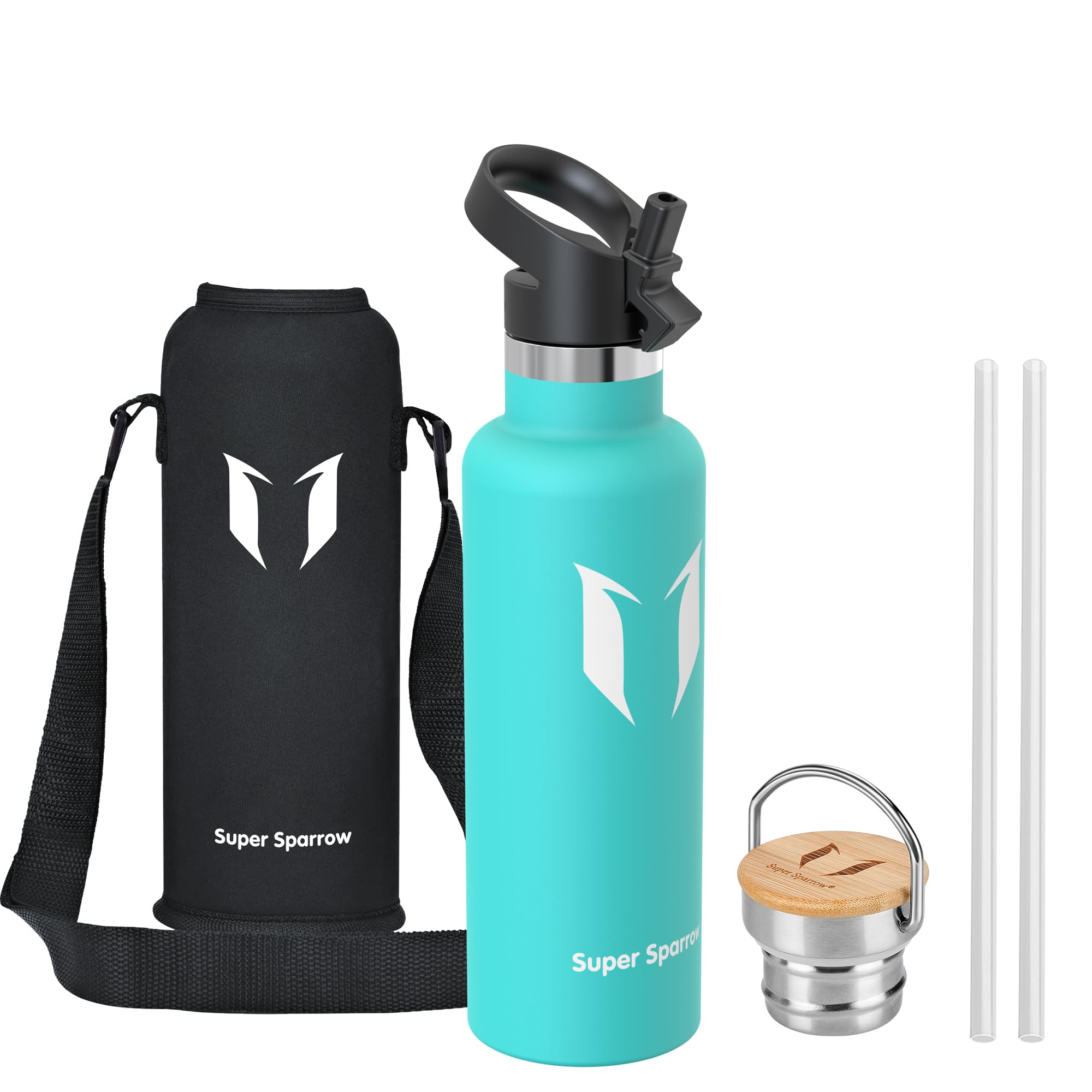 Super Sparrow Water Bottle Stainless Steel - 750ml - Insulated Metal Water Bottles - Standard Mouth Flask - BPA Free - Straw Bottle for Work, Gym, Sports - 2 Lids