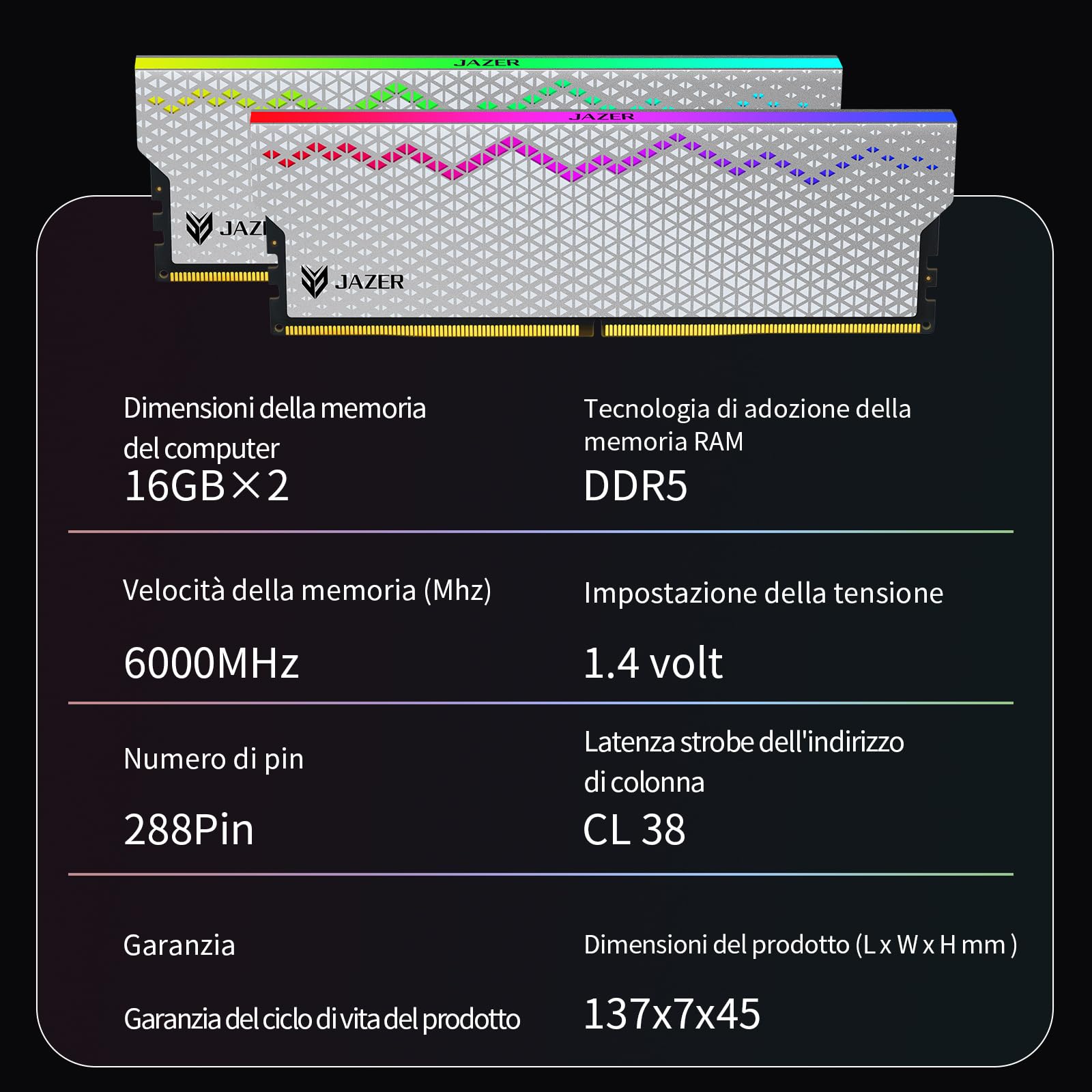 JAZER RGB RAM DDR5 32GB Kit (2x16GB) 6000MHz CL36, Memoria Desktop PC UDIMM DRAM 288-Pin, Memoria Computer da gioco DDR5 ad alte Prestazioni Supporto Intel XMP 3.0/AMD EXPO, AI, CL36-40-40-96, 1.35V