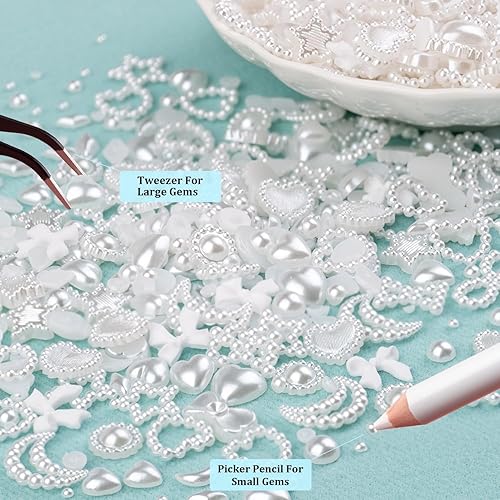 Miniatura 10 de 1200 dijes de uñas multiformas 3D y perlas de parte trasera plana, estilos de mezcla de rosa y blanco, adornos de girasol para arte de uñas,