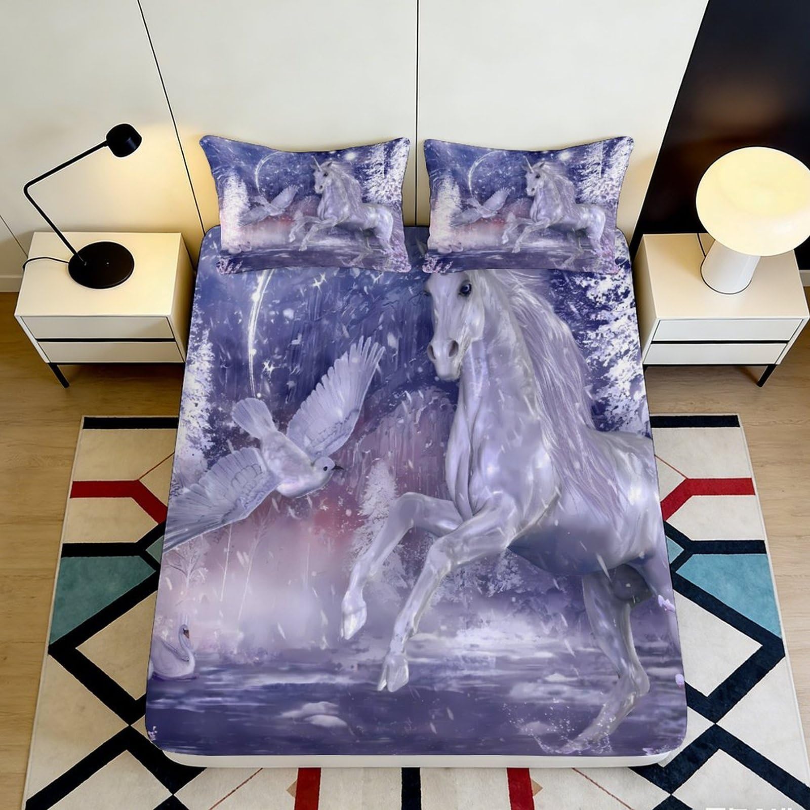 3D Printed Unicorn Galaxy Fitted Sheet Microfiber Non-Slip Deep Pocket Unicorn Mattress Fitted Cover Full Wrap Washable for Bedroom 140x200x25cm