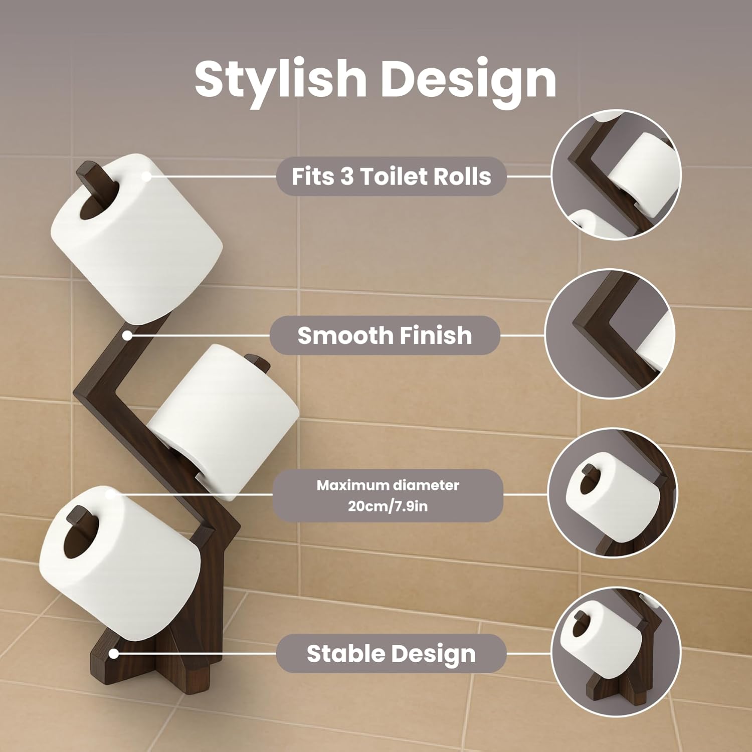 Wooden Toilet Paper Holder Stand | Freestanding Holder for Rolls | Zigzag Design for Bathroom Decor | Pine Wood Construction | No Wall Mount Needed