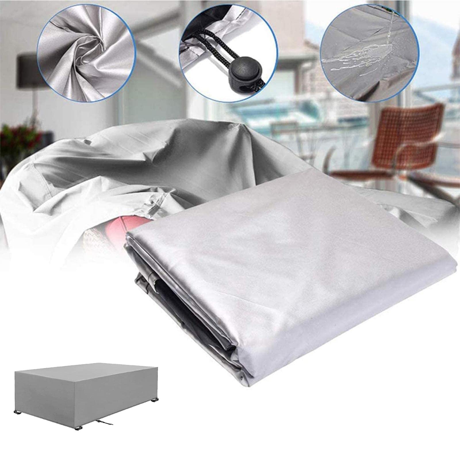 Copertura impermeabile per mobili da giardino, 200 x 160 x 90 cm, rettangolare, in tessuto Oxford 420D, resistente, antivento e anti UV, colore grigio argento