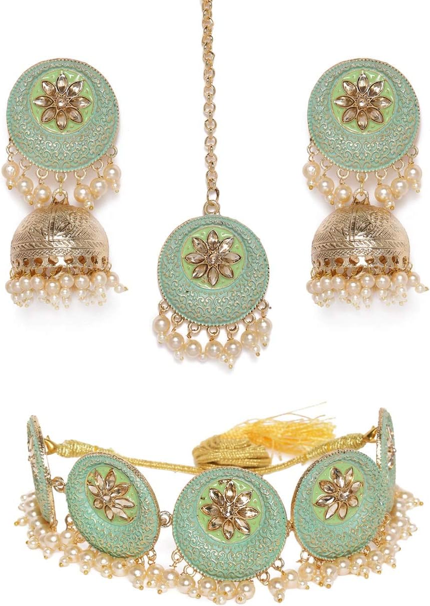 ZAVERI PEARLSEnamelling Pastel Green Filigree Design Choker Necklace, Earring & Maangtikka Set For Women-ZPFK9910