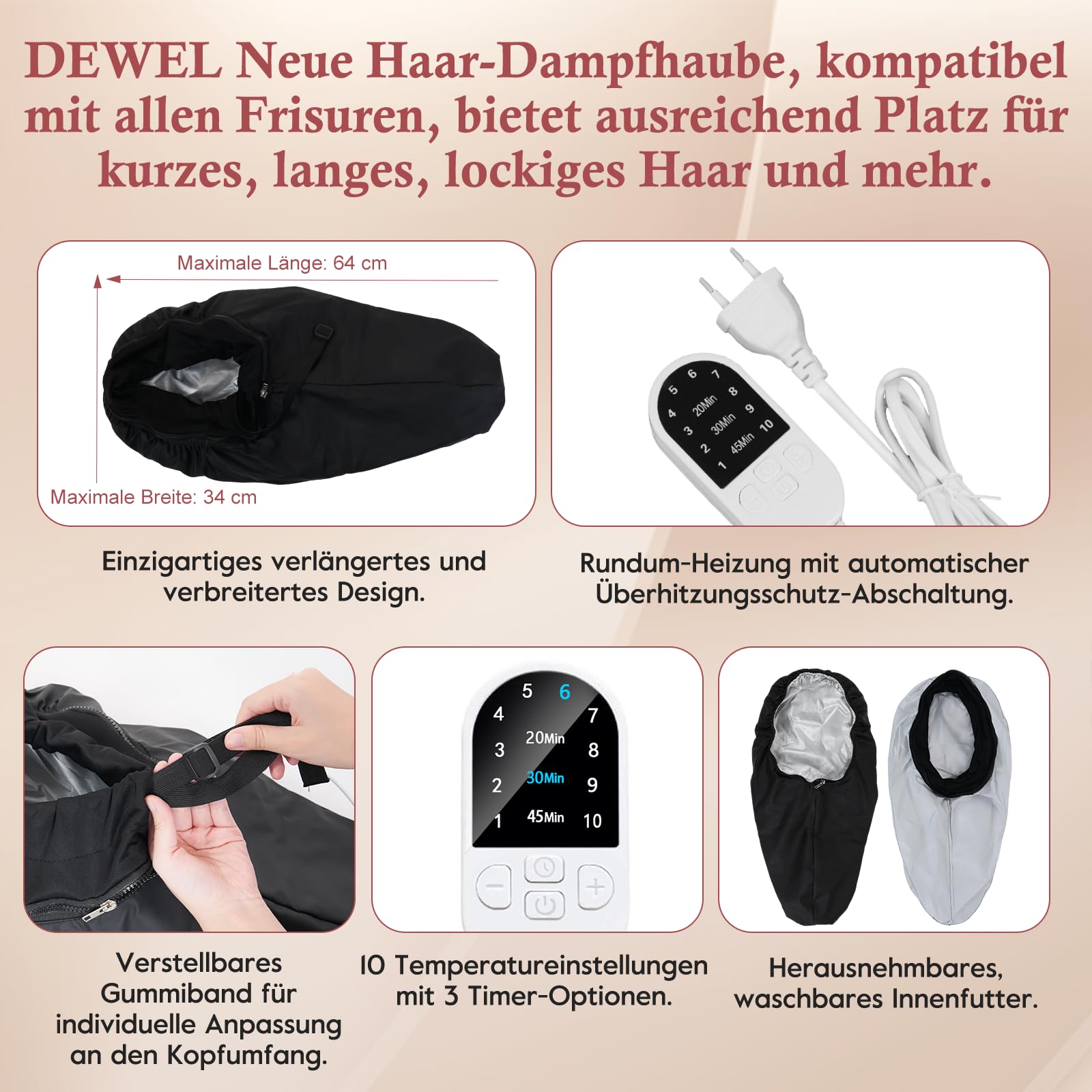 DEWEL Elektrische Haarpflege Kappe für Tiefenpflege, 10 Stufen für Intelligente Steuerung, Trockenhauben für Haare, Hair Steamer, für Natürliches oder Beschädigtes Haar Nourishing