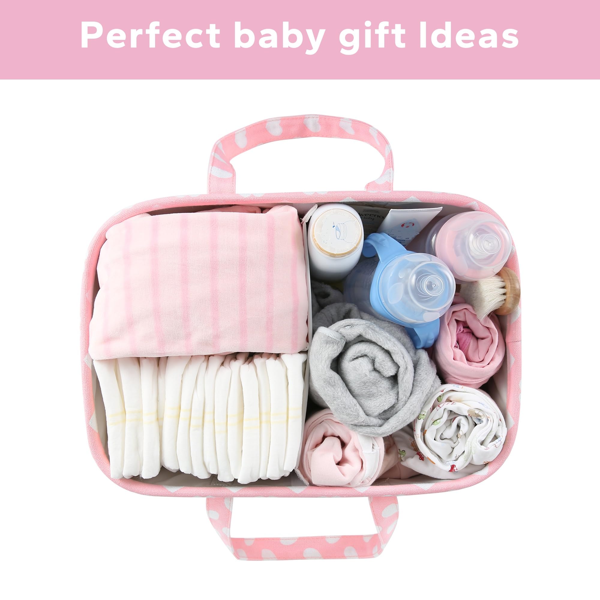 Diaper Caddy Organizer for Baby Girl-Nursery Storage Bin-Portable Car Organizer for Diapers and Baby Wipes- Baby Shower Registry Basket Newborn Must Have Tote Caddy Bag（Pink Heart）