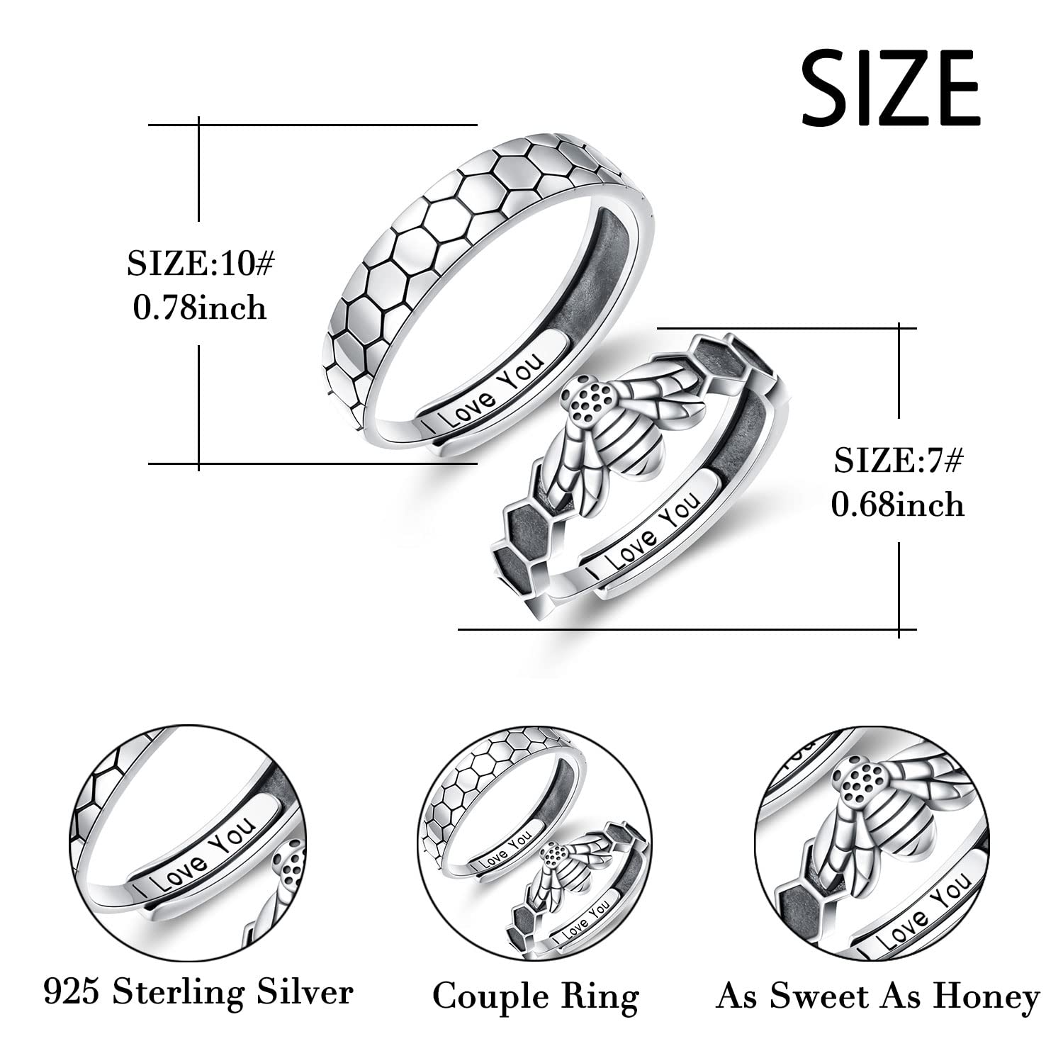 Juego de anillos de pareja de panal de abeja, plata de ley 925, bonito anillo de combinación de animales para parejas, grabado "I Love You", anillo de compromiso ajustable para él y para ella
