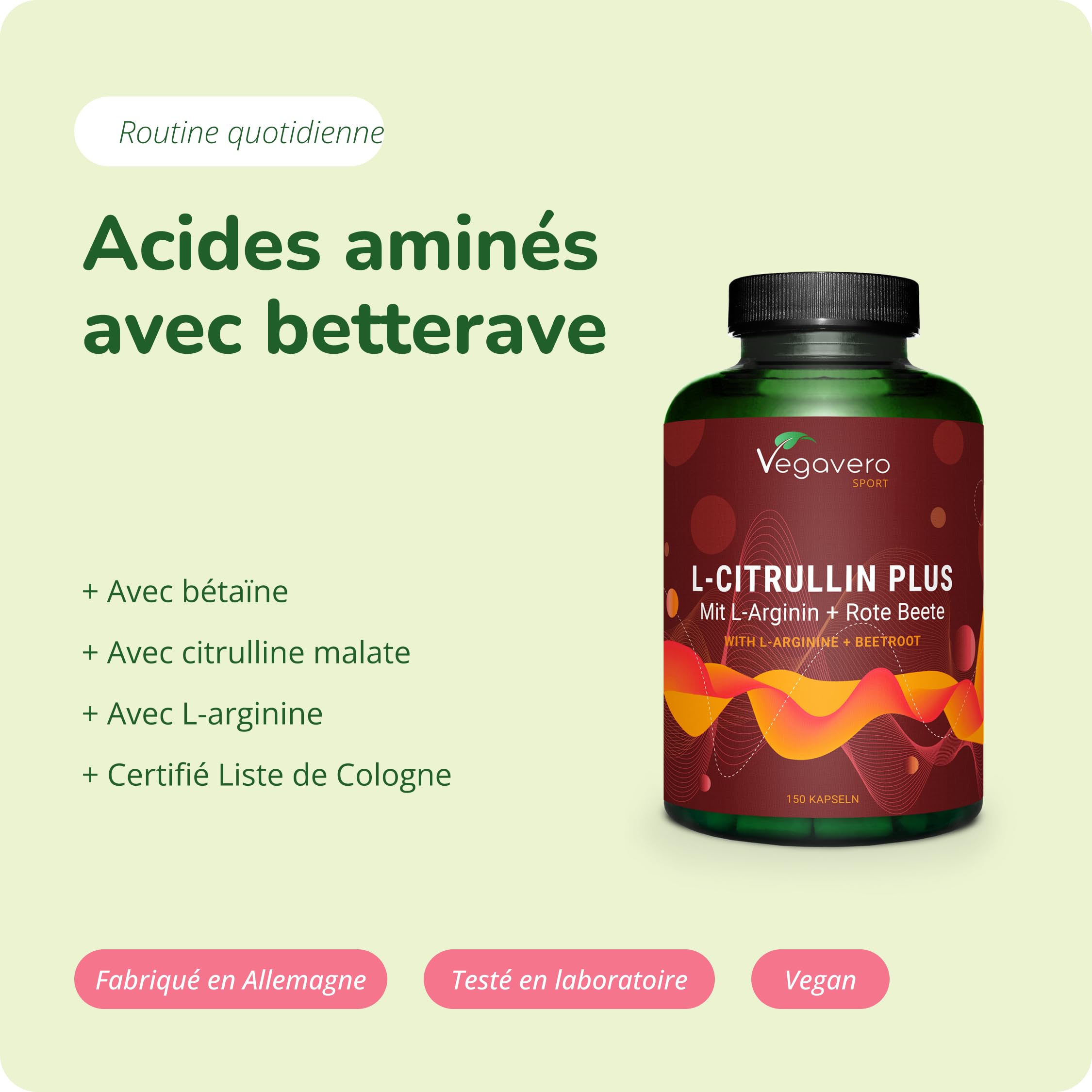 L-Citrulline Malate 2941 mg | Avec L-Arginine + Betaine | 100% NATUREL & Sans Additifs | PREMIUM: AMINOFERMENT® | Pre Workout + Musculation | 150 Gélules Vegan | Vegavero®