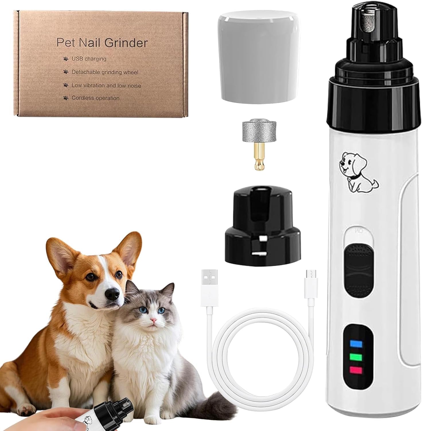 Heusom Silent Groom Pro Nail Grinder and Trimmer for Dogs (white+1 grinding head)