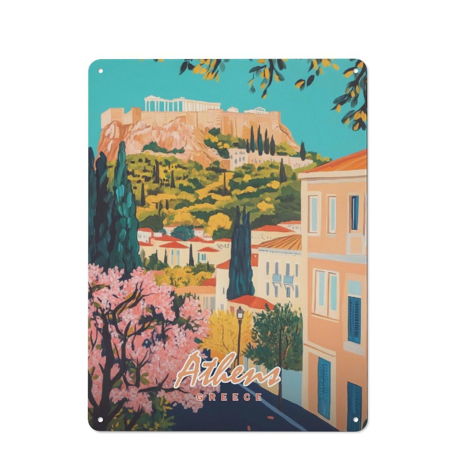 Junmoney Style-17 Athens, Greece Painting Everyday Metal Wall Decor 40X30cm, Vintage Metal Sign For Hallway, Home Bar, Garage Or Study