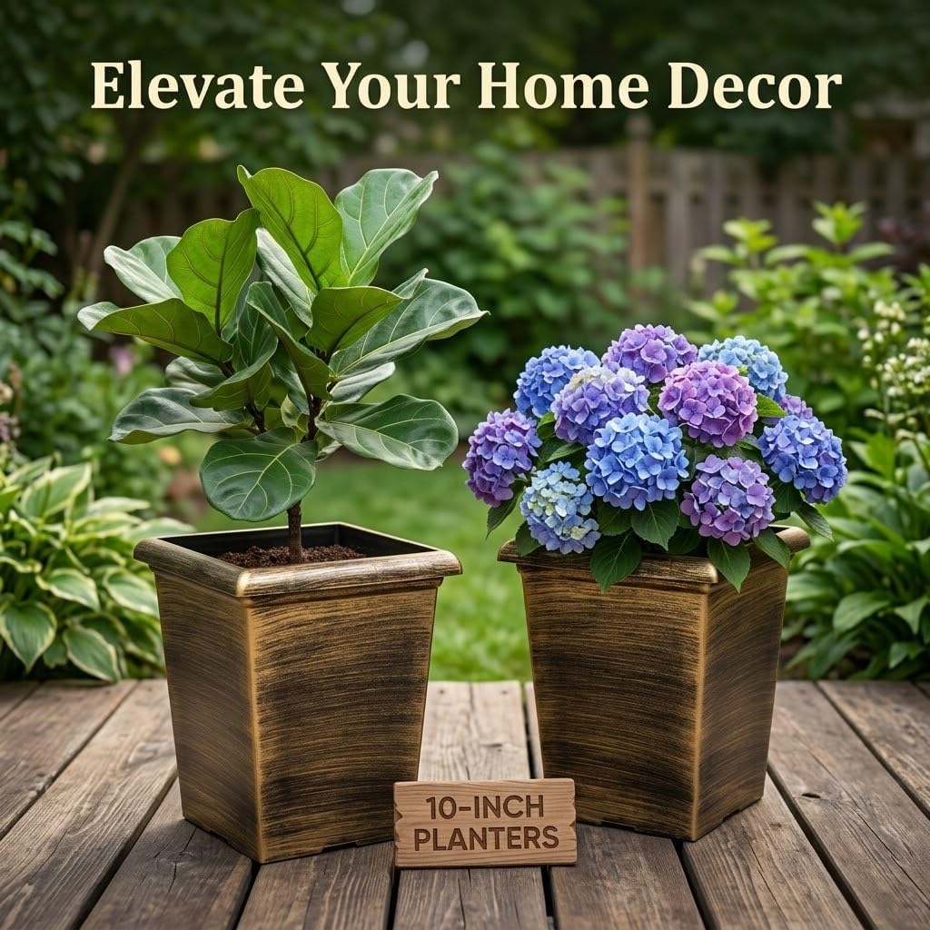 Tall Outdoor Square Planter - 4 Pack 10 Inch Vintage Gold Faux Metal Plant Pot with Drainage Holes & Raised Feet, 13" H Deep Root Plastic Flower Pots for Indoor Outdoor Plants, Trees, Roses