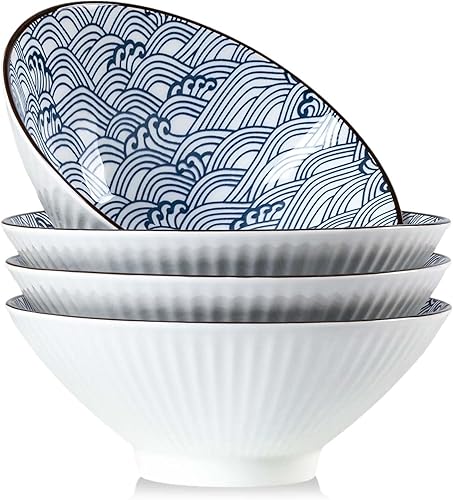 Qinlang Juego de 4 cuencos japoneses de 38 onzas, cuencos de cereales, cuencos de sopa, cuencos Pho, cuencos de fideos, cuencos de cerámica azul y