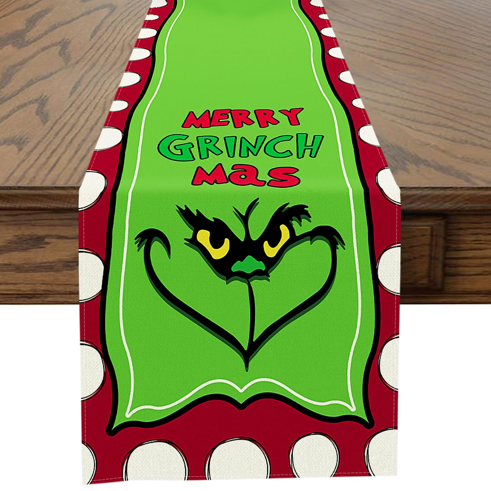 Photo 1 of Christmas Decor Table Runner for Kitchen Dining Table Thanksgiving Day Table Runner for Living Room Farmhouse Table Runners for Party Home Decor (Merry Grinchmas)