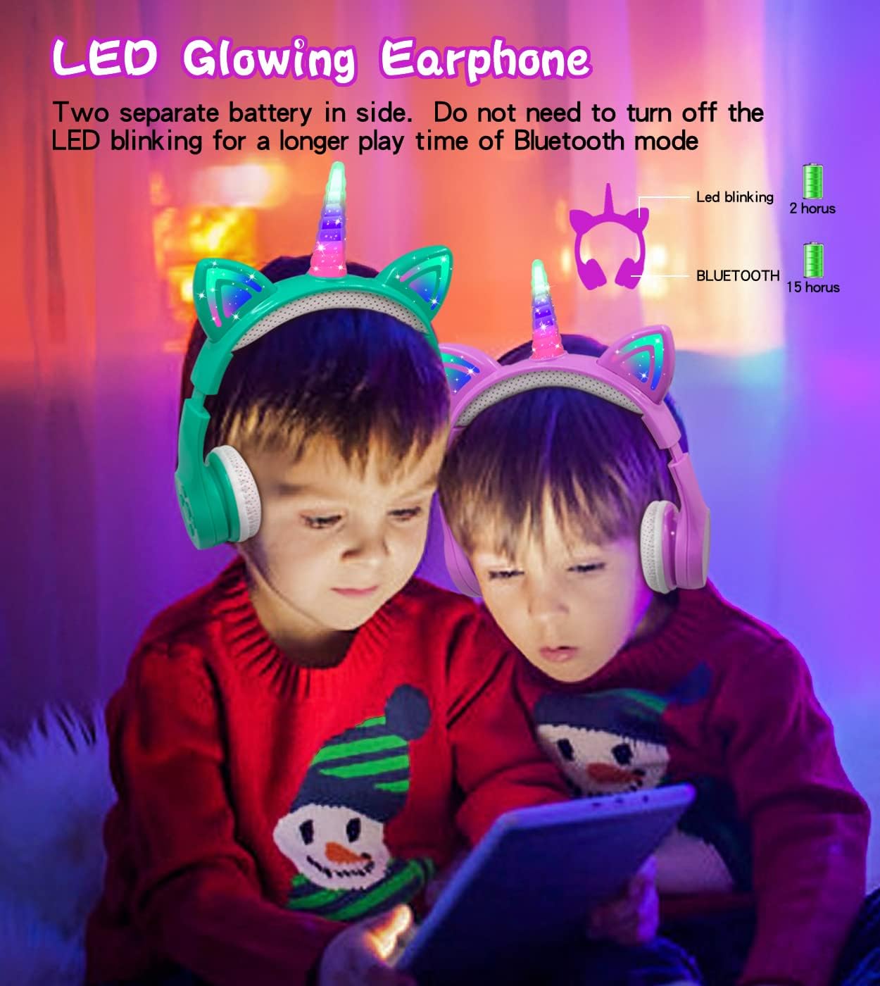 Unicorn Headphones for Girls,Bluetooth Unicorn Headphones Toddler School Laptop Cellphones Plane use, Light Up Wireless Kid Headphone Birthday Gifts (Dark Purple)
