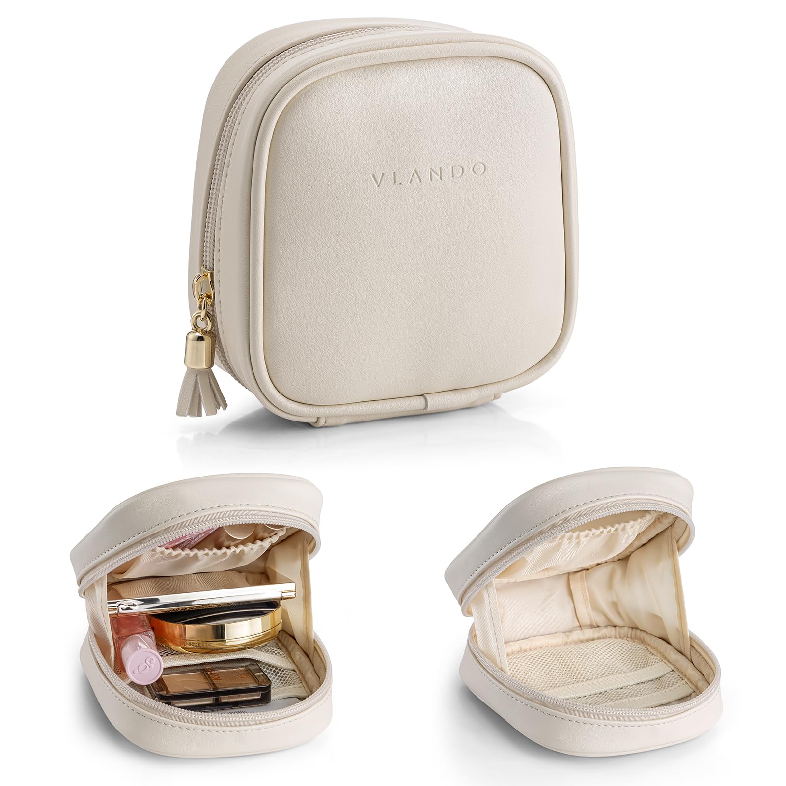 VLANDO Kosmetiktasche Klein aus Kunstleder, Kompakte Make Up Tasche, Schminktasche für Mädchen und Frauen, Wasserdicht, Kabeltasche, Medikamententasche, Mehrere Fächer, für Reisen