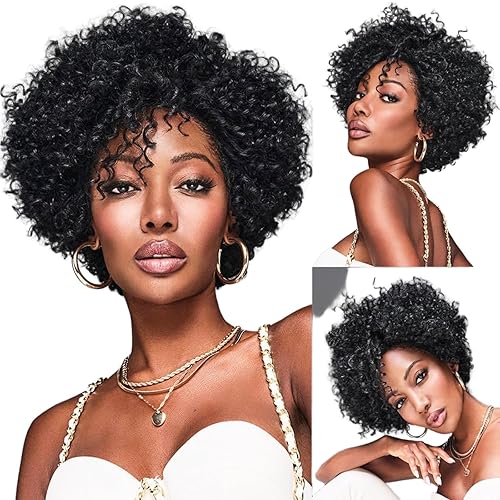 Miniatura 3 de BECUS Pelucas rizadas afro para mujeres negras, resistentes al calor, pelucas de cabello humano brasileño Remy (8 pulgadas, espiral natural, negro