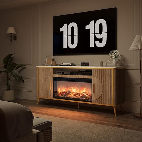 Miniatura 4 de Soporte de TV con chimenea acanalada de hasta 80 pulgadas, moderno centro de entretenimiento con chimenea eléctrica de 30 pulgadas, consola Roble