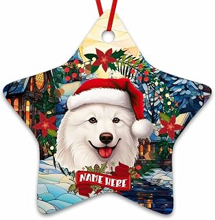 Dinoz Merry Christmas Samoyed Dog Décor Ornament, Santa Claus Hat House Custom Name Tree Hanging Decorations Two Sides Print Ceramic Star Ornament Keepsake Gifts for Home