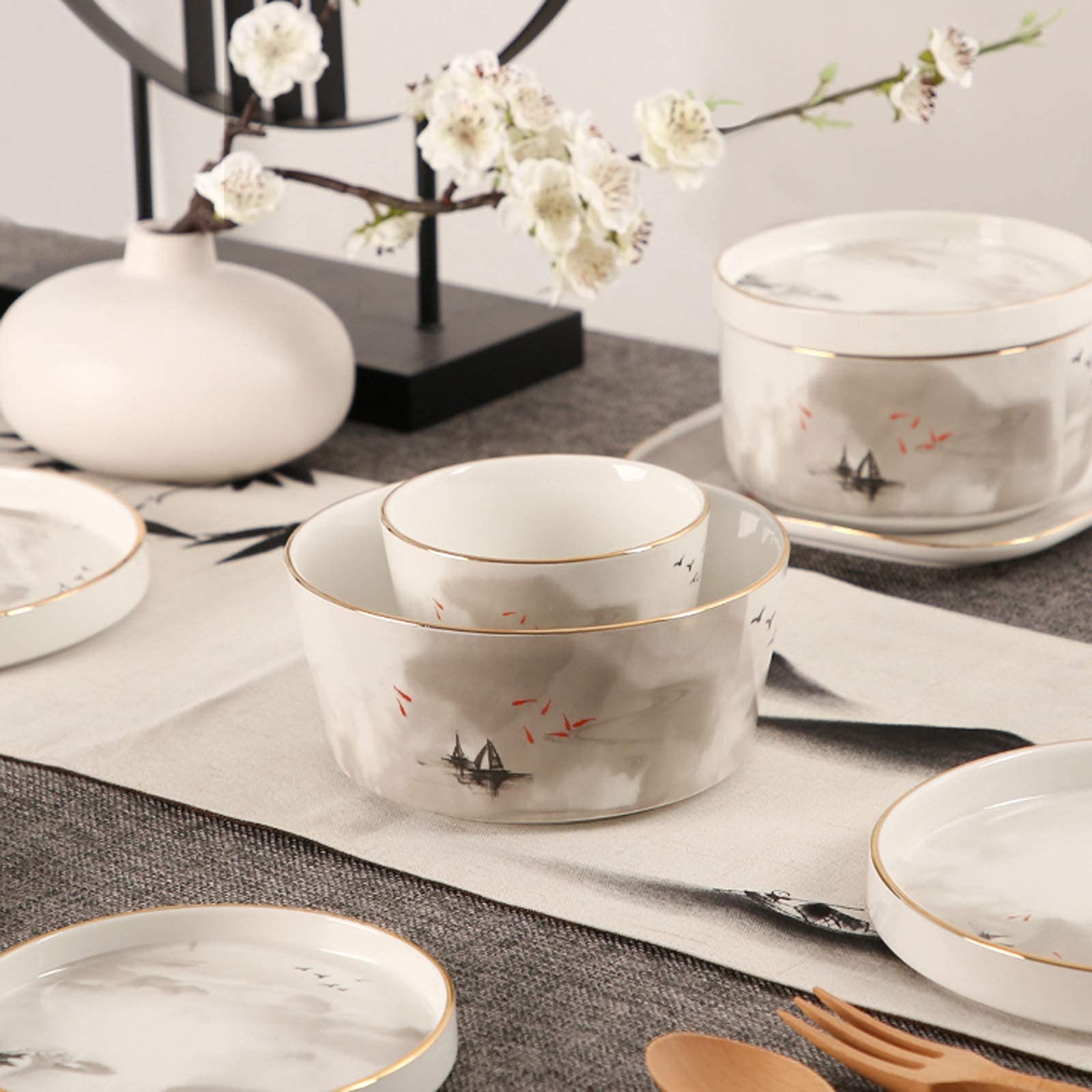 Klasyczna zastawa stołowa z ceramiki, zestaw naczyń ceramicznych, porcelanowy zestaw obiadowy z obrazem pejzażowym 48 szt. | Zestaw misek do płatków śniadaniowych i talerzy do steków