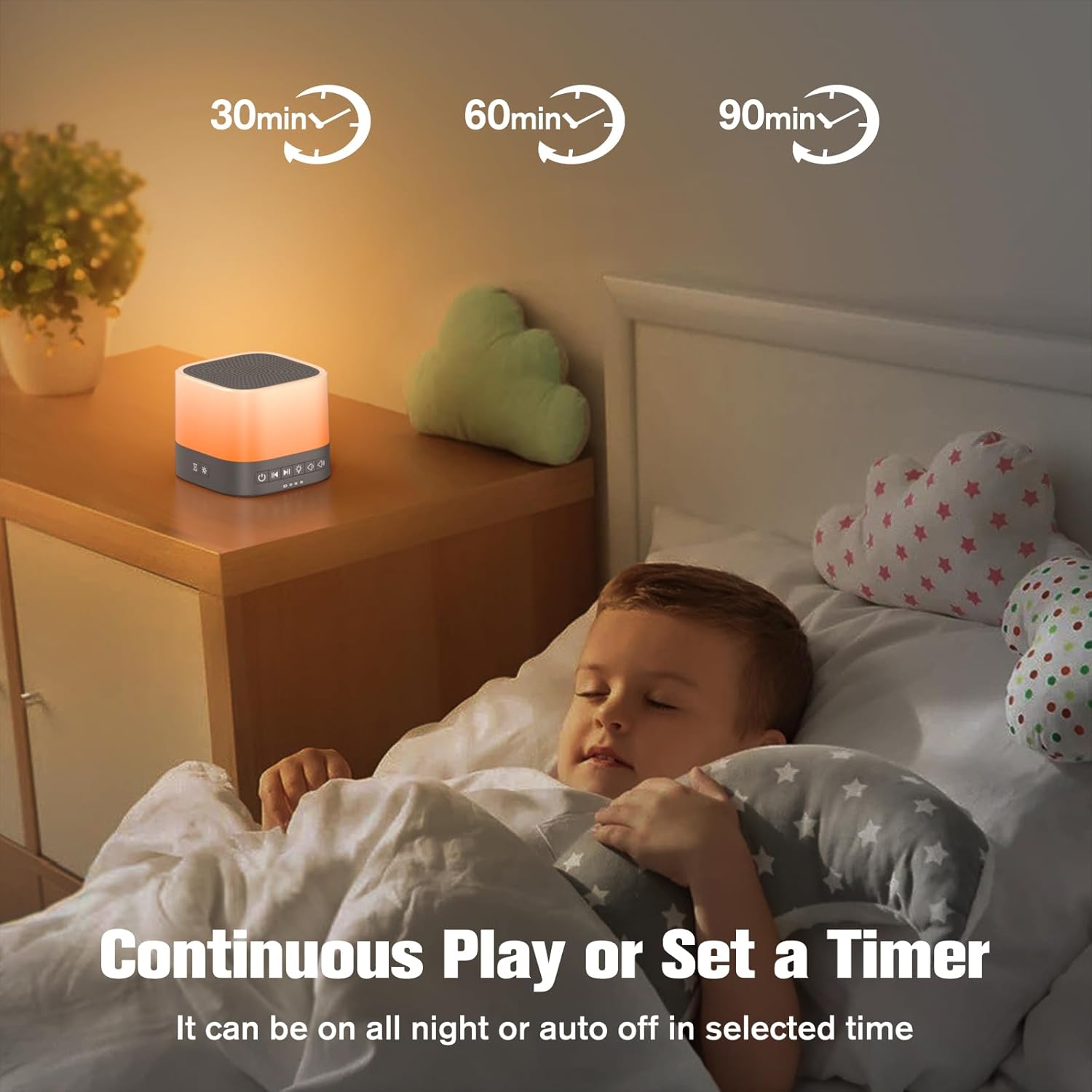 Child sleeping peacefully with the Buffbee Sound Machine on a nightstand, showing timer options