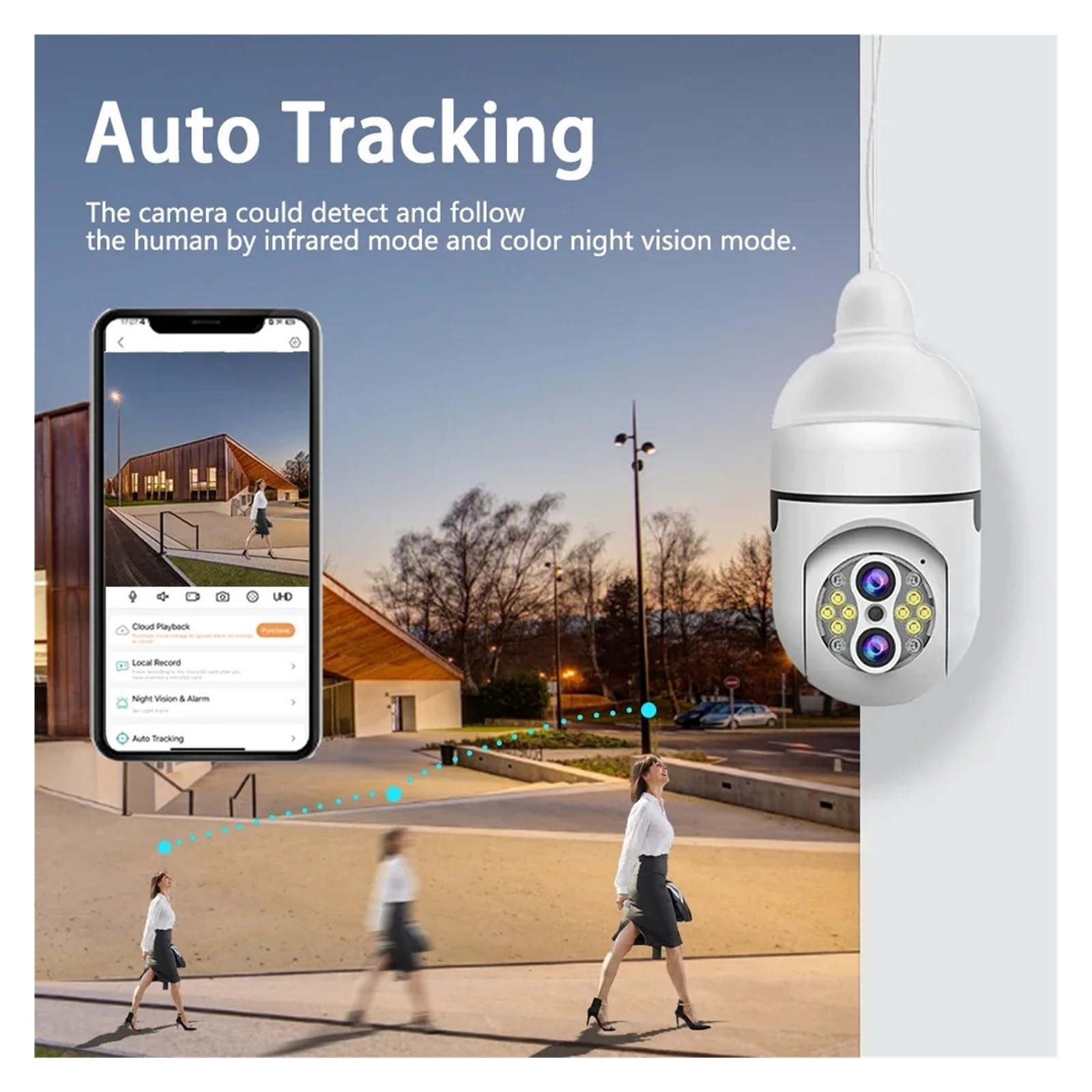 Cámara con Bombilla E27, Zoom 10X, 4K, 8MP, Seguimiento automático, videovigilancia Interior, protección de Seguridad for el hogar, Reflector, cámara WiFi(8MP Add 128G Card)
