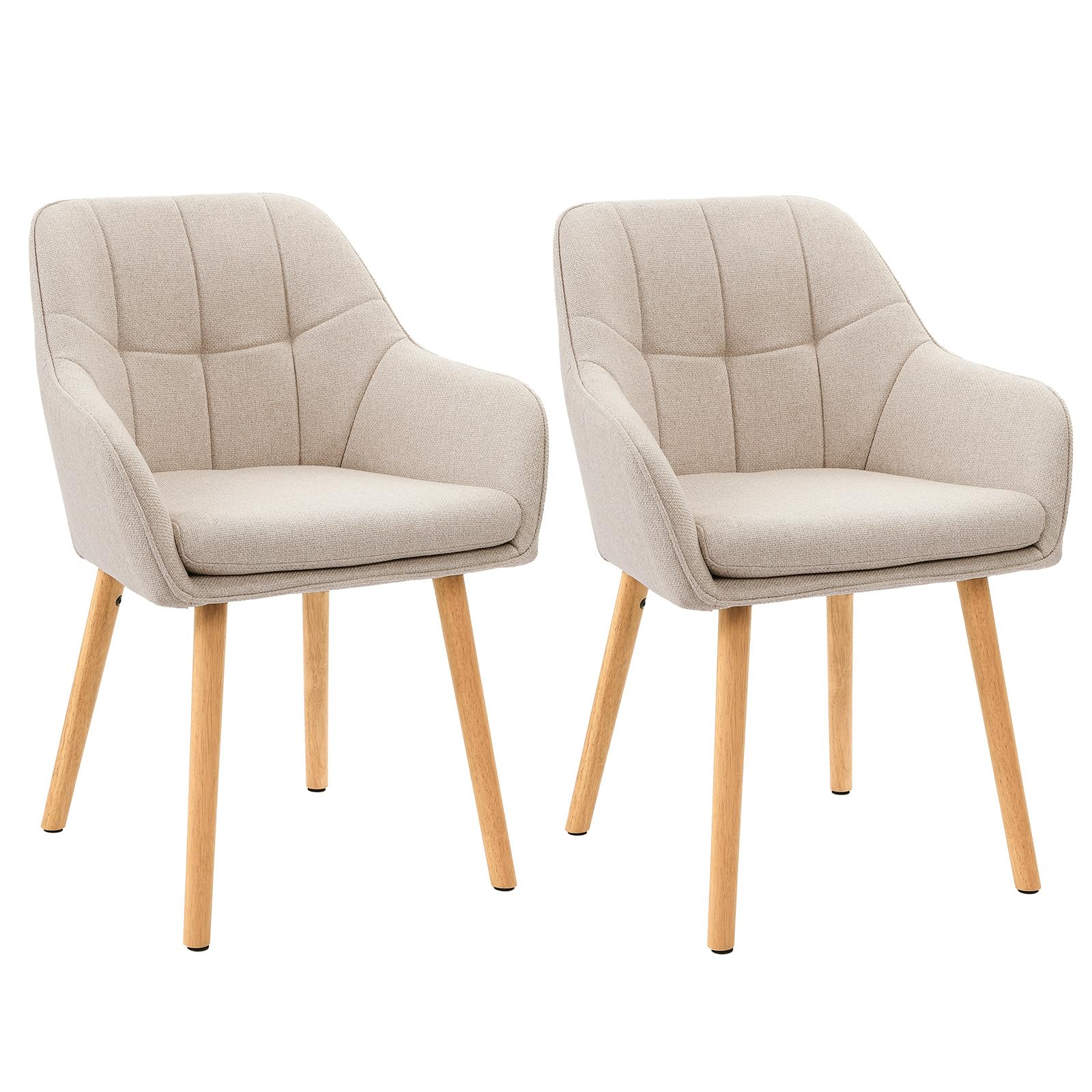 Goeurvant Dining Chairs Set of 2, Upholstered Kitchen Armchairs with Solid Wooden Legs, Scandi Carver Chairs for Dining Room, Dressing Table, Vanity, Beige Linen