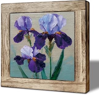 Botanical Iris Wooden Box Sign, Mini Floral Oil Painting Style Tabletop Decor, Rustic Cottage Desk Shelf Accent for Bedroom Bathroom, Unique Garden Lover Gift