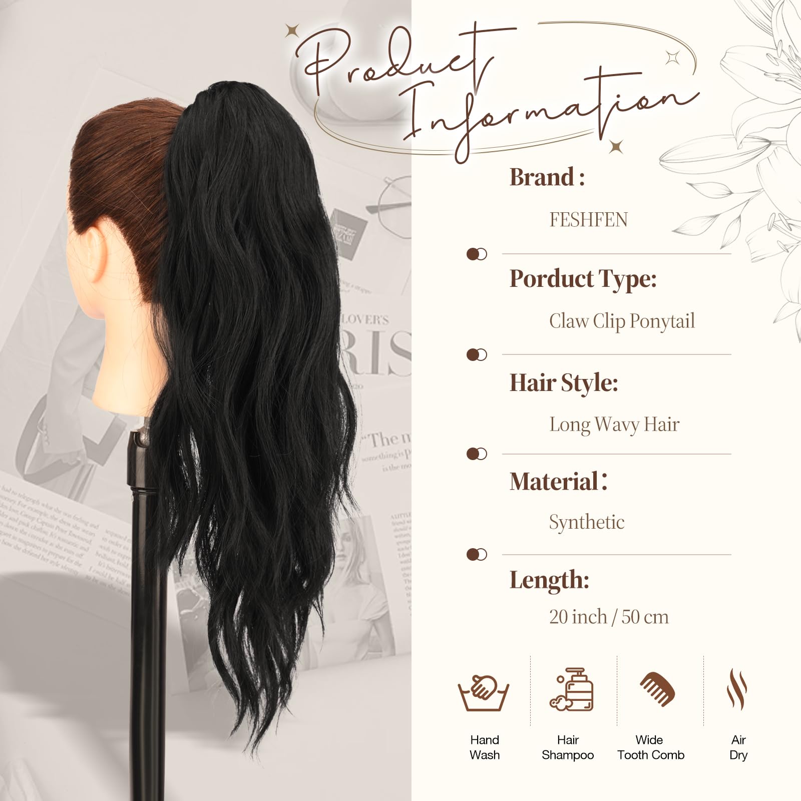 FESHFEN Falowany Przedłużenia Włosów z Pazurem - Długie Koński Ogon Clip in Przedłużania Kucyka Naturalny Wygląd Syntetyczne Włosy Kucyk Ponytail Extension dla Kobiet, 50 cm Zgaszona Czerń