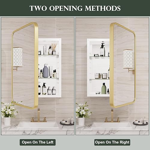 Miniatura 6 de WallBeyond Botiquín de baño con espejo, 16 x 24 pulgadas, gabinete de medicina empotrado dorado con esquina redonda de aleación de aluminio con