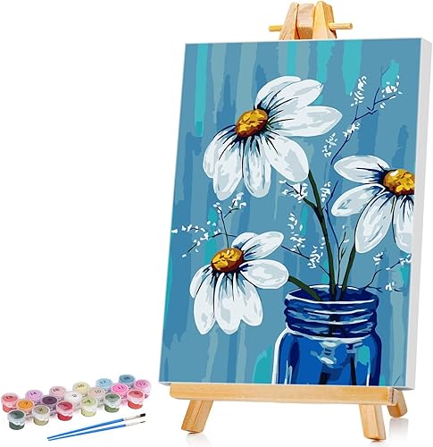 Miniatura 12 de Ginkko Pintura por números para adultos, niños, principiantes, con marco de madera, fácil, acrílico sobre lienzo, con pinturas y pinceles, jarrón