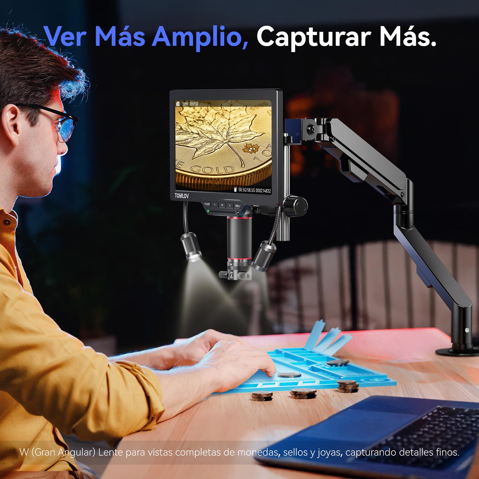 TOMLOV TM3K-3D MAX 10,1" Microscopio Digital IPS con Lentes Duales Magnéticos, Microscopio 3D HDMI de Soldadura para Adultos, Magnificador Monedas 3K, LED, Alfombra para Soldar, Brazo Flexible, 64GB