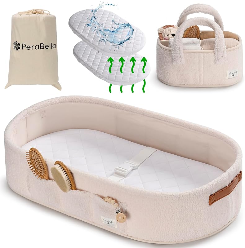 Cesta cambiadora de bebé para cómoda, cesta de moisés para recién nacido, cambiador de pañales portátil para tocador, incluye organizador de pañales con asa, alfombrilla para moisés