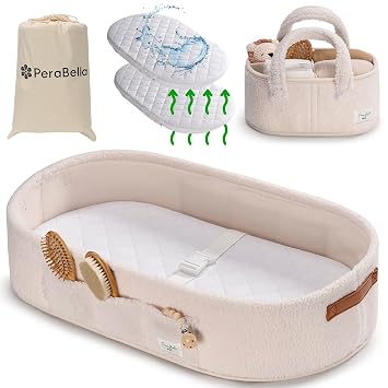 PeraBella Baby Changing Basket for Dresser Top, Baby Moses Basket for Newborn, Portable Diaper Changing Pad Table Topper for Dresser, Includes Diaper Caddy Organizer with Handle, Moses Bassinet Mat | Plush Exterior