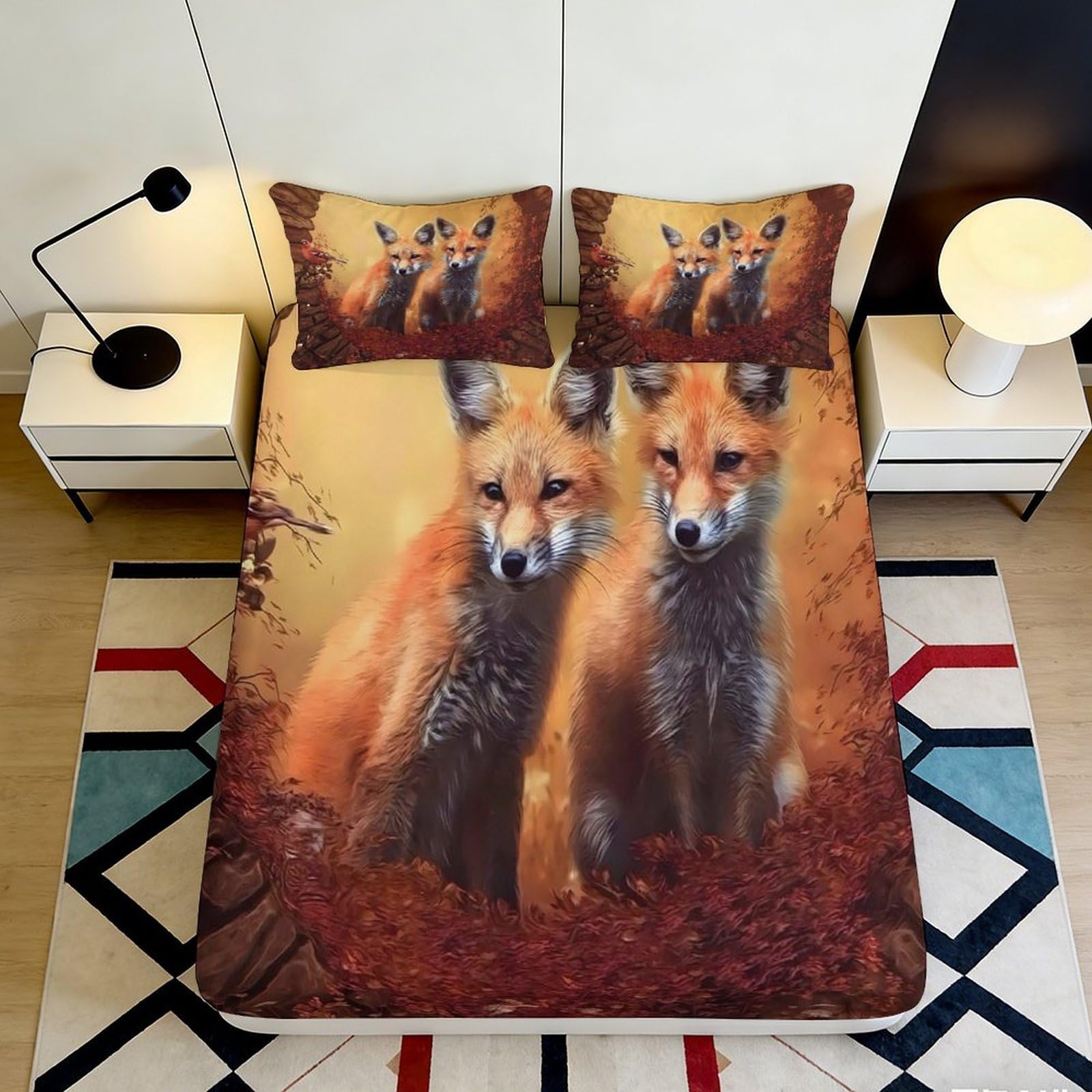 3D Printed Fox Forest Fitted Sheet Microfiber Soft Orange Autumn Woodland Bed Cover for Bedroom Guest Room Decor 200x200x25cm