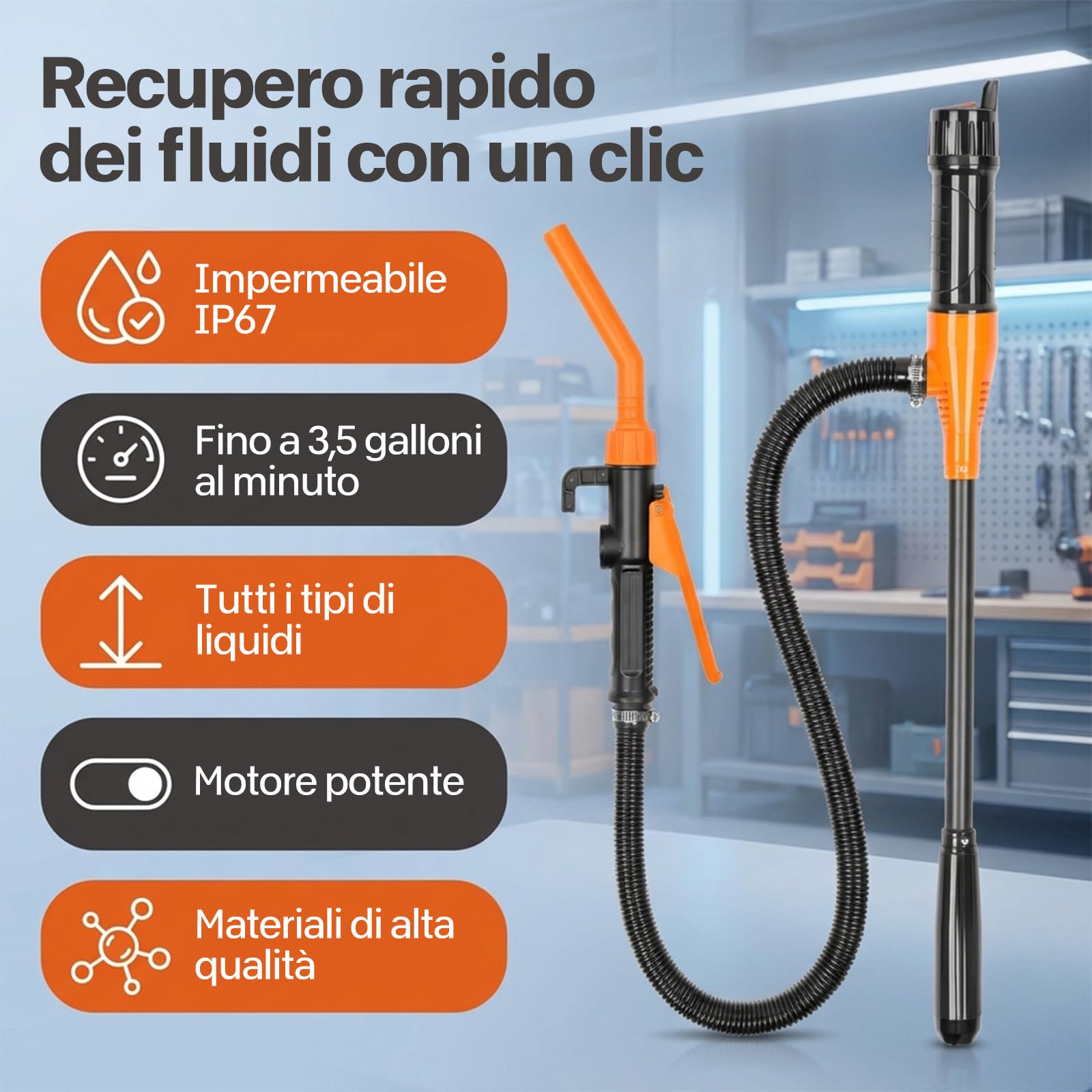 Pompa Benzina Elettrica a Batteria – Pompa di Trasferimento per Carburante (Benzina/Diesel/Olio/Gas/Acqua) con Ugello Rapido, Ideale per Auto, Barche, Giardino e Acquari