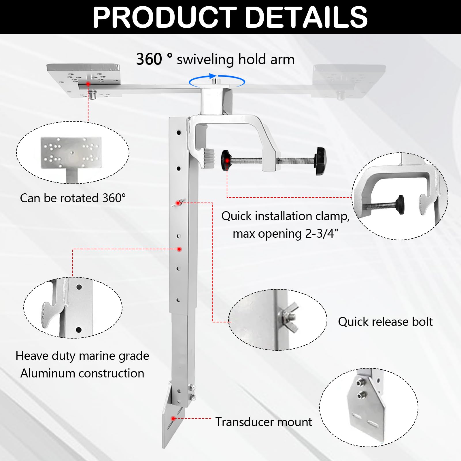 Soporte para Sonda de Pesca, Soporte de Aluminio Giratorio 360° Resistente a la Corrosión, Altura 36-59cm
