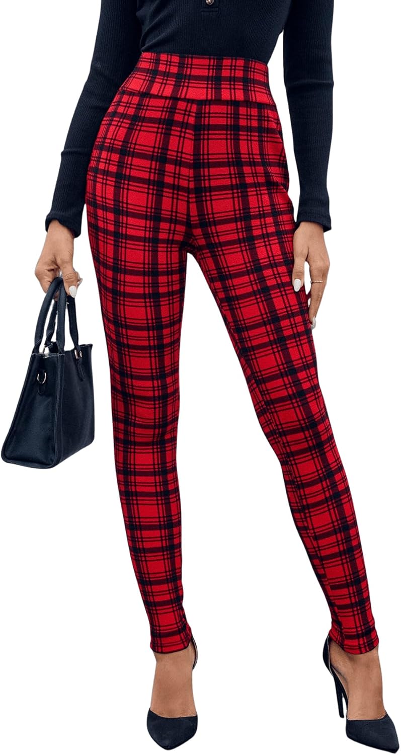 WDIRARA Women's Plaid Leggings High Waisted Skinny Pants Tummy Control Yoga Pants