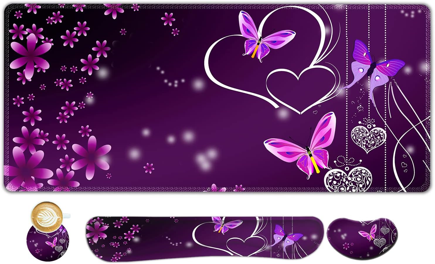 ARTSO Large Gaming Mouse Pad, Keyboard Wrist Rest Pad & Wrist Support Mousepad Set, Stitched Edge, Extended, Non-Slip Base, Memory Foam Desk Mat for Office, Home, Purple Heart Butterfly