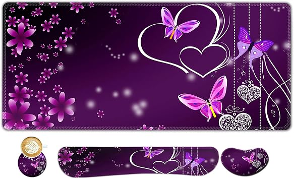ARTSO Large Gaming Mouse Pad, Keyboard Wrist Rest Pad & Wrist Support Mousepad Set, Stitched Edge, Extended, Non-Slip Base, Memory Foam Desk Mat for Office, Home, Purple Heart Butterfly