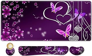 ArtSo Large Gaming Mouse Pad, Keyboard Wrist Rest Pad & Wrist Support Mousepad Set, Stitched Edge, Extended, Non-Slip Base, Memory Foam Desk Mat for Office, Home, Purple Heart Butterfly