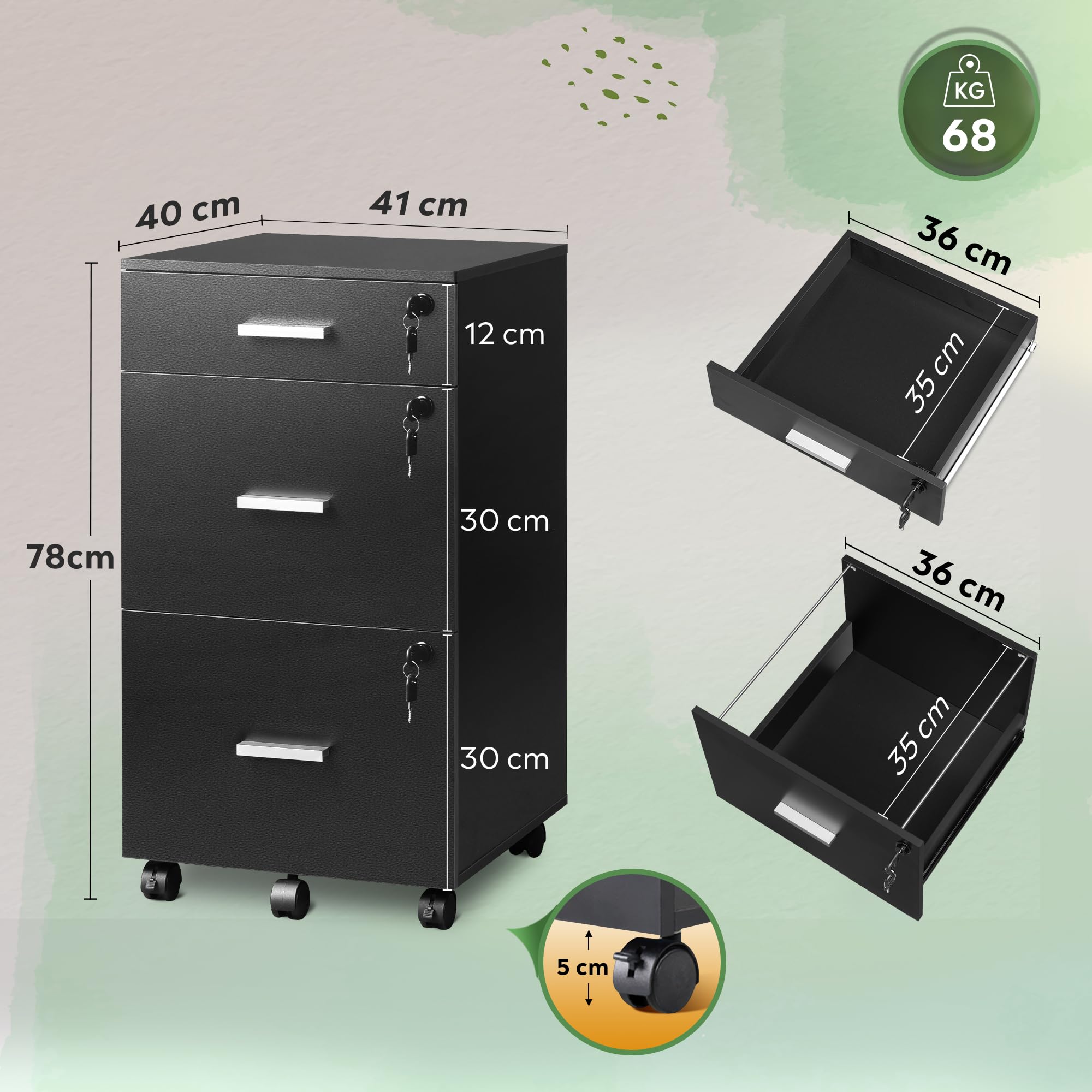 DEVAISE Caisson de Bureau 3 Tiroirs Verrouillable, Meuble sous Bureau avec Support Imprimante, Rangement pour Formats Lettre/Légal/A4, Noir