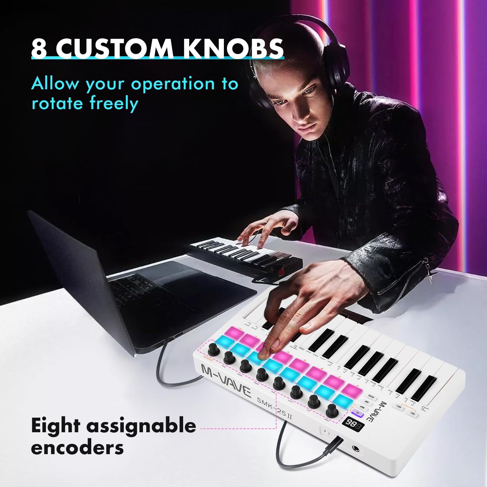 Nikou M-VAVE - Controller per tastiera MIDI, USB mini 25 tasti, ricaricabile, tastiera portatile elettrica con cuscinetti per batteria RGB, batteria integrata (bianco)