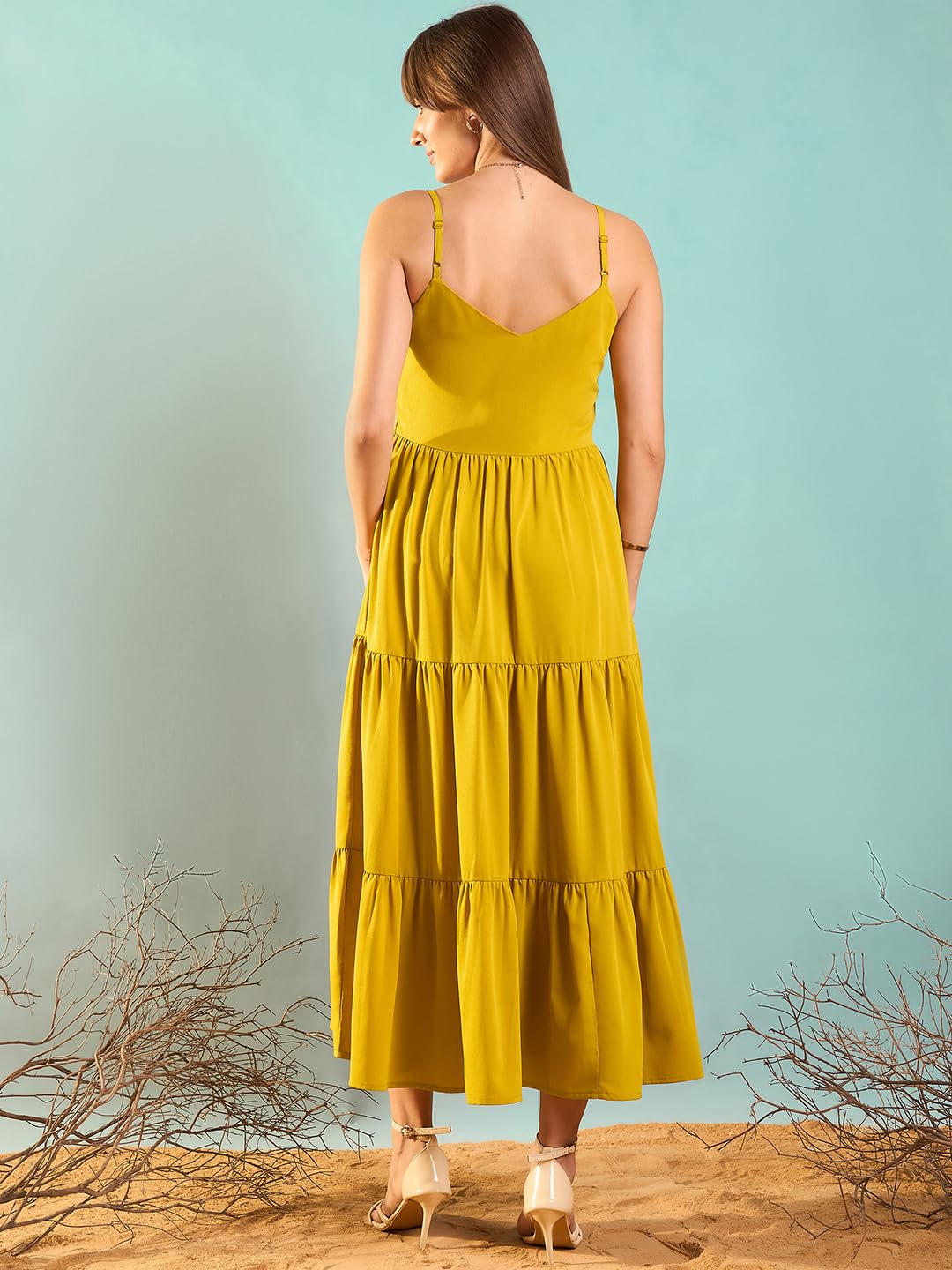 Rare Women's Polyester Fit And Flare Maxi Dress (Ep8142A_Mustard