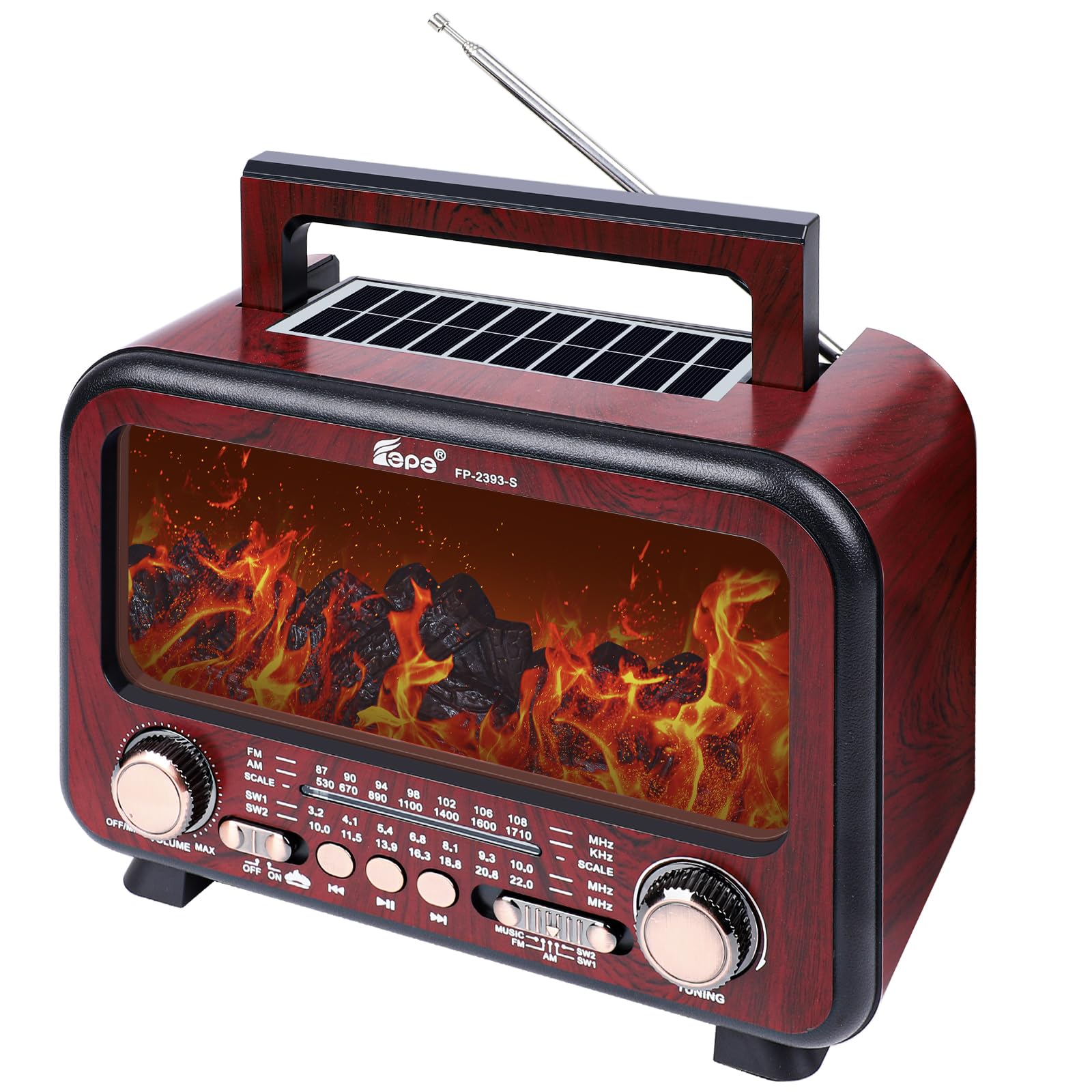 T.TAOMI Retro Portable Radio AM FM SW Shortwave Radio with Bluetooth Speaker,Flame Atmosphere Lamp Battery Operated,SUB Charging, TF Card (Maroon)-image-33