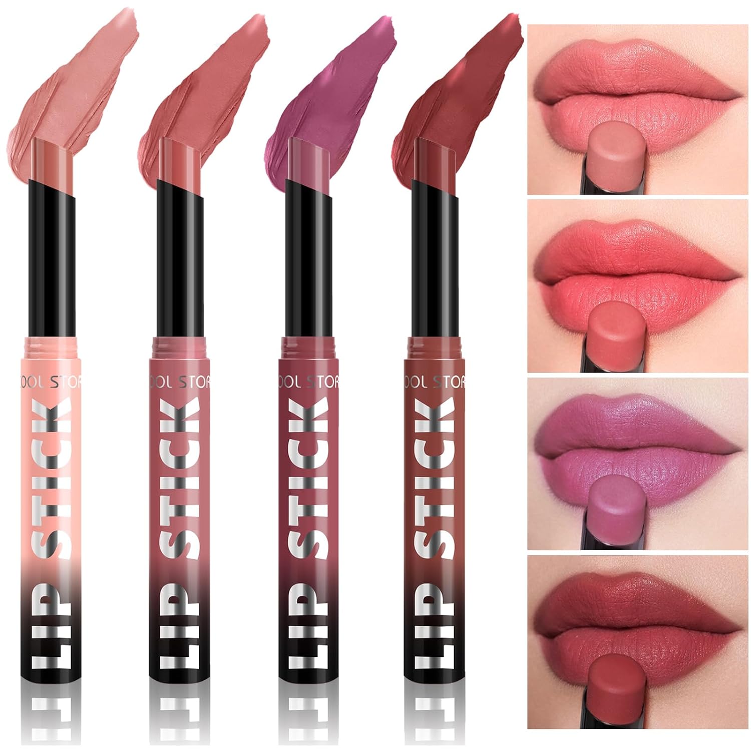 4 Colors Velvet Matte Lipstick Set, High Pigmented Long-Lasting Waterproof Lightweight Natural Look Nude Pink Red Rose Dark Color Lip Stick Makeup Set for Girls and Women, 0.28oz (LIGHT SERIES)